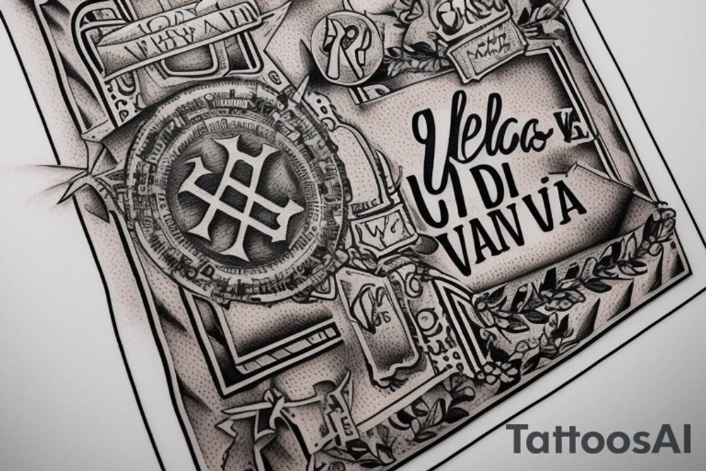 In typewriter font, quote "veni, vidi, vici" with vatican symbols surrounding it tattoo idea