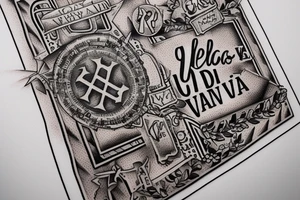 In typewriter font, quote "veni, vidi, vici" with vatican symbols surrounding it tattoo idea