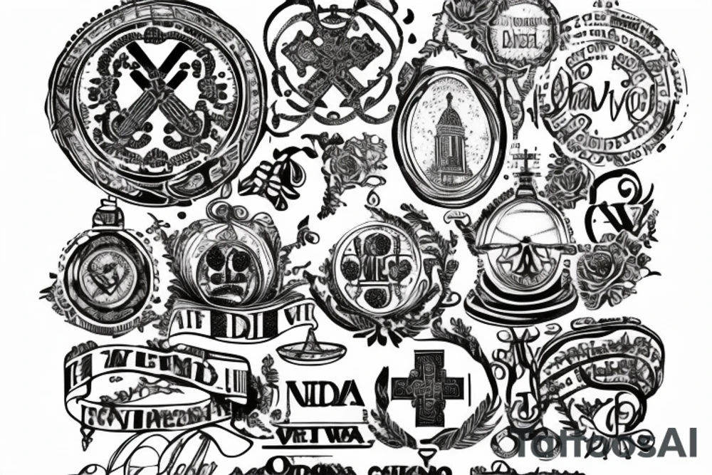 In typewriter font, quote "veni, vidi, vici" with vatican symbols surrounding it tattoo idea