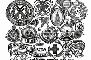 In typewriter font, quote "veni, vidi, vici" with vatican symbols surrounding it tattoo idea