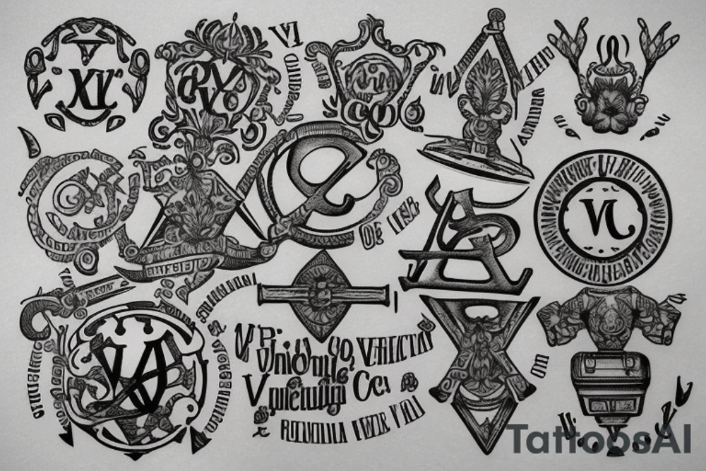 In typewriter font, quote "veni, vidi, vici" with vatican symbols surrounding it tattoo idea