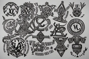 In typewriter font, quote "veni, vidi, vici" with vatican symbols surrounding it tattoo idea
