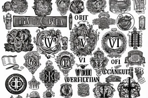 In typewriter font, quote "veni, vidi, vici" with vatican symbols surrounding it tattoo idea