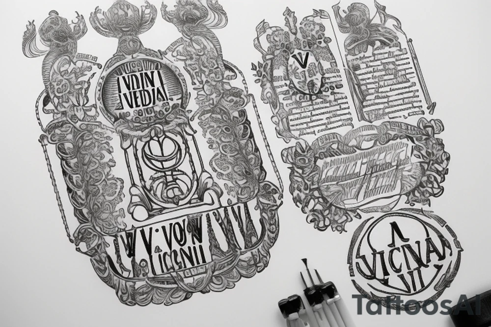 In typewriter font, quote "veni, vidi, vici" with vatican symbols surrounding it tattoo idea