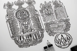 In typewriter font, quote "veni, vidi, vici" with vatican symbols surrounding it tattoo idea