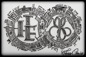 In typewriter font, quote "veni, vidi, vici" with vatican symbols surrounding it tattoo idea