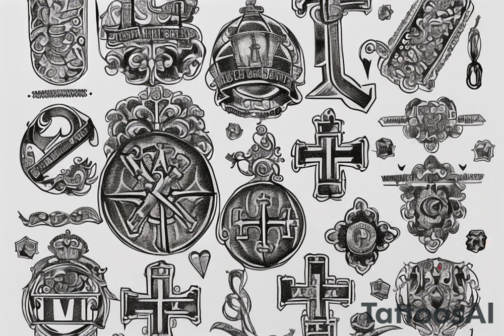 In typewriter font, quote "veni, vidi, vici" with vatican symbols surrounding it tattoo idea