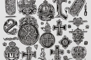 In typewriter font, quote "veni, vidi, vici" with vatican symbols surrounding it tattoo idea