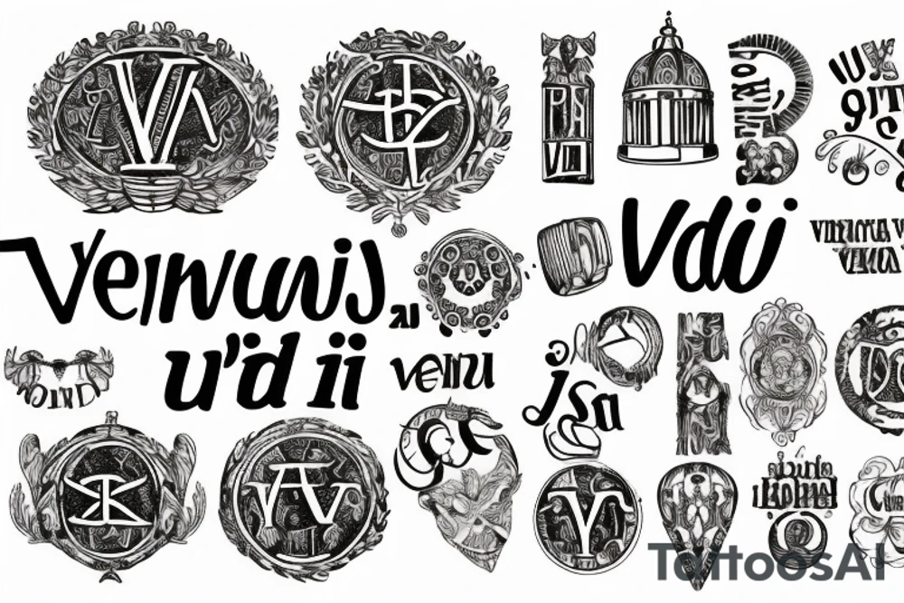 In typewriter font, quote "veni, vidi, vici" with vatican symbols surrounding it tattoo idea