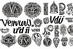 In typewriter font, quote "veni, vidi, vici" with vatican symbols surrounding it tattoo idea