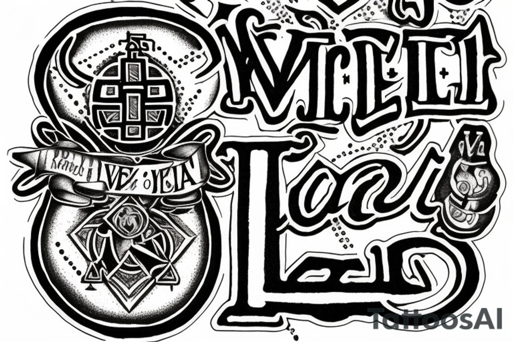 In typewriter font, quote "veni, vidi, vici" with vatican symbols surrounding it tattoo idea