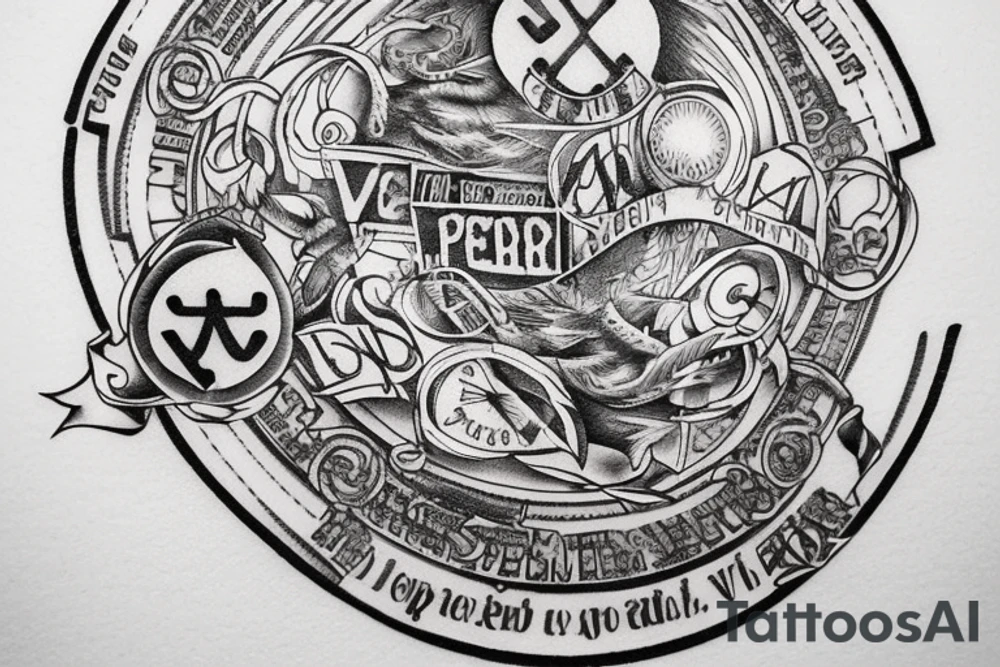 In typewriter font, quote "veni, vidi, vici" with vatican symbols surrounding it tattoo idea