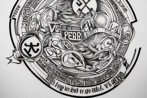 In typewriter font, quote "veni, vidi, vici" with vatican symbols surrounding it tattoo idea