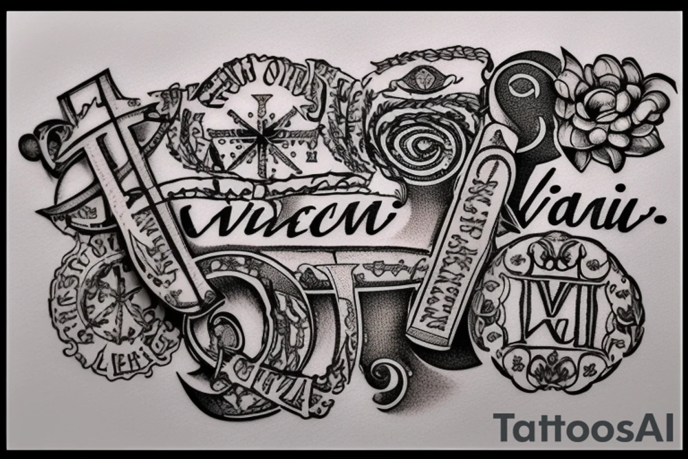 In typewriter font, quote "veni, vidi, vici" with vatican symbols surrounding it tattoo idea