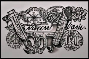 In typewriter font, quote "veni, vidi, vici" with vatican symbols surrounding it tattoo idea