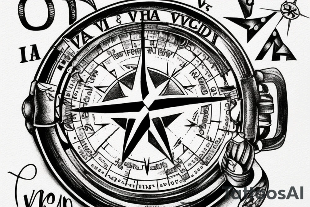 In typewriter font, quote "veni, vidi, vici" with compass symbols tattoo idea