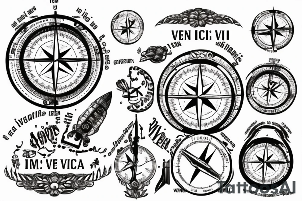 In typewriter font, quote "veni, vidi, vici" with compass symbols tattoo idea