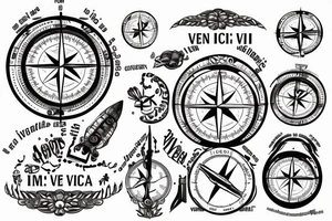In typewriter font, quote "veni, vidi, vici" with compass symbols tattoo idea