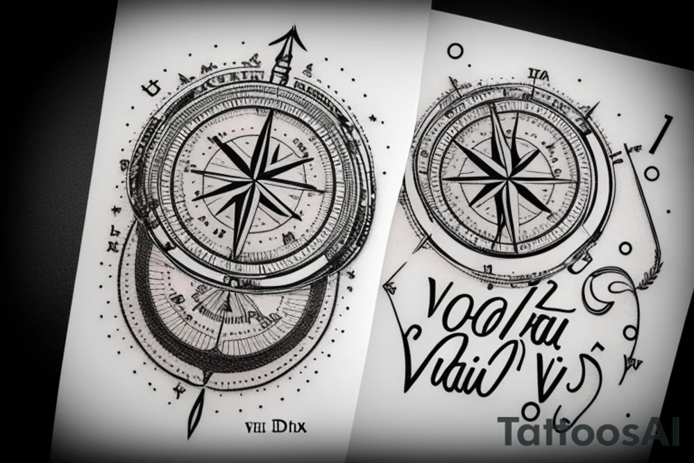In typewriter font, quote "veni, vidi, vici" with compass symbols tattoo idea