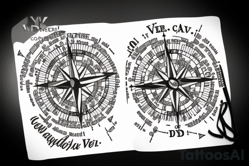 In typewriter font, quote "veni, vidi, vici" with compass symbols tattoo idea