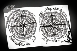 In typewriter font, quote "veni, vidi, vici" with compass symbols tattoo idea