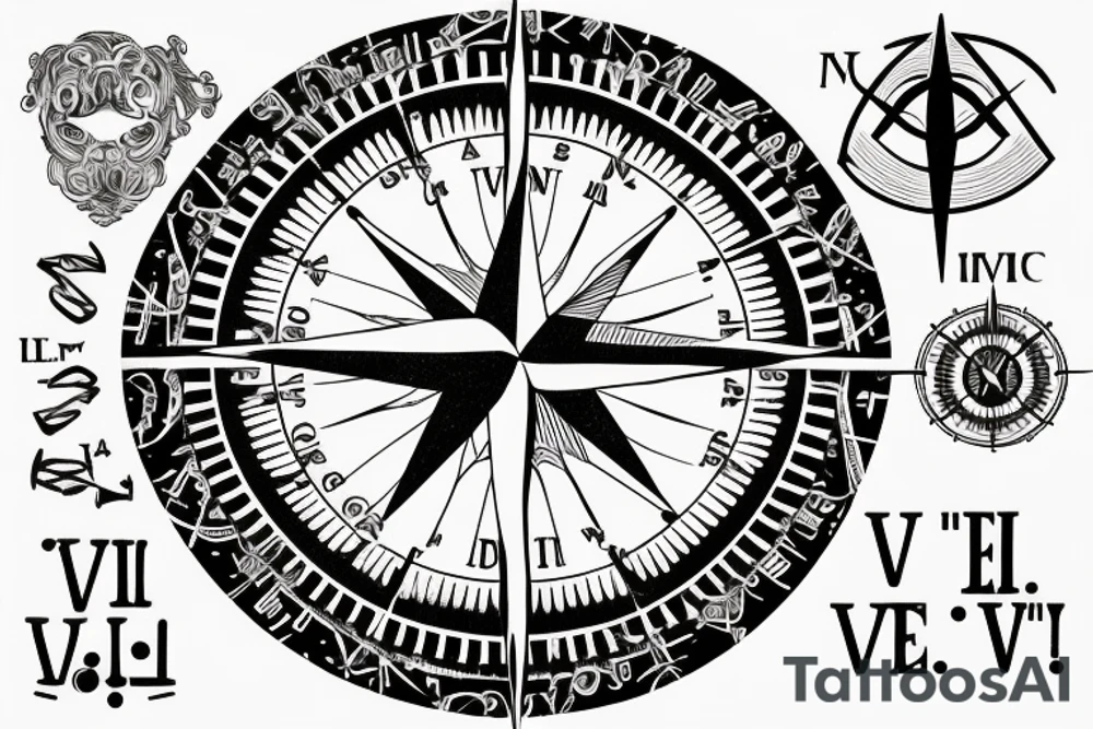 In typewriter font, quote "veni, vidi, vici" with compass symbols tattoo idea