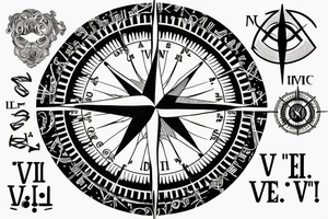In typewriter font, quote "veni, vidi, vici" with compass symbols tattoo idea