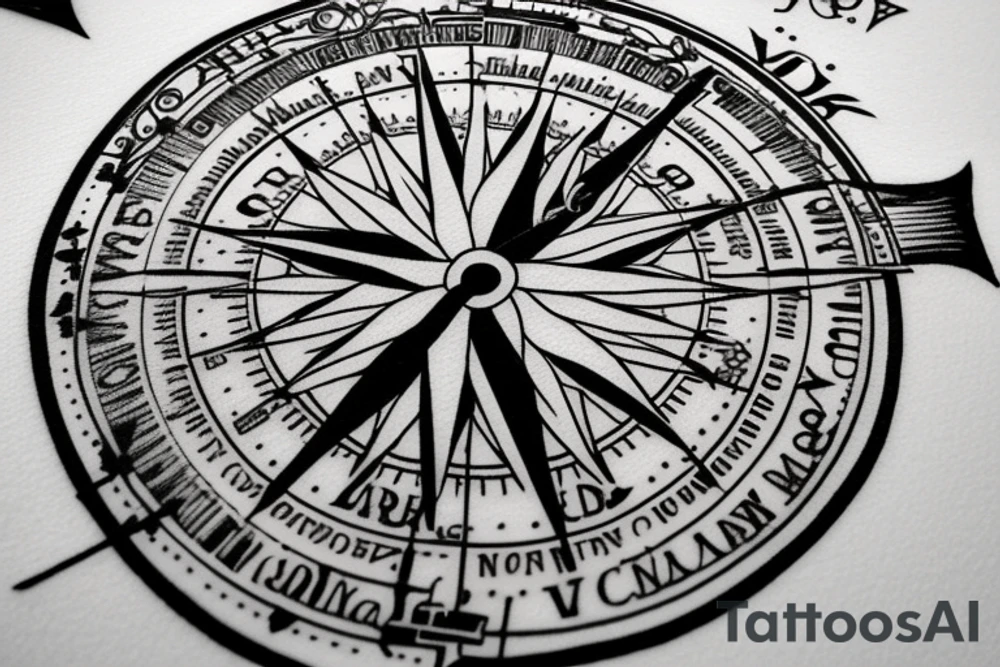 In typewriter font, quote "veni, vidi, vici" with compass symbols tattoo idea
