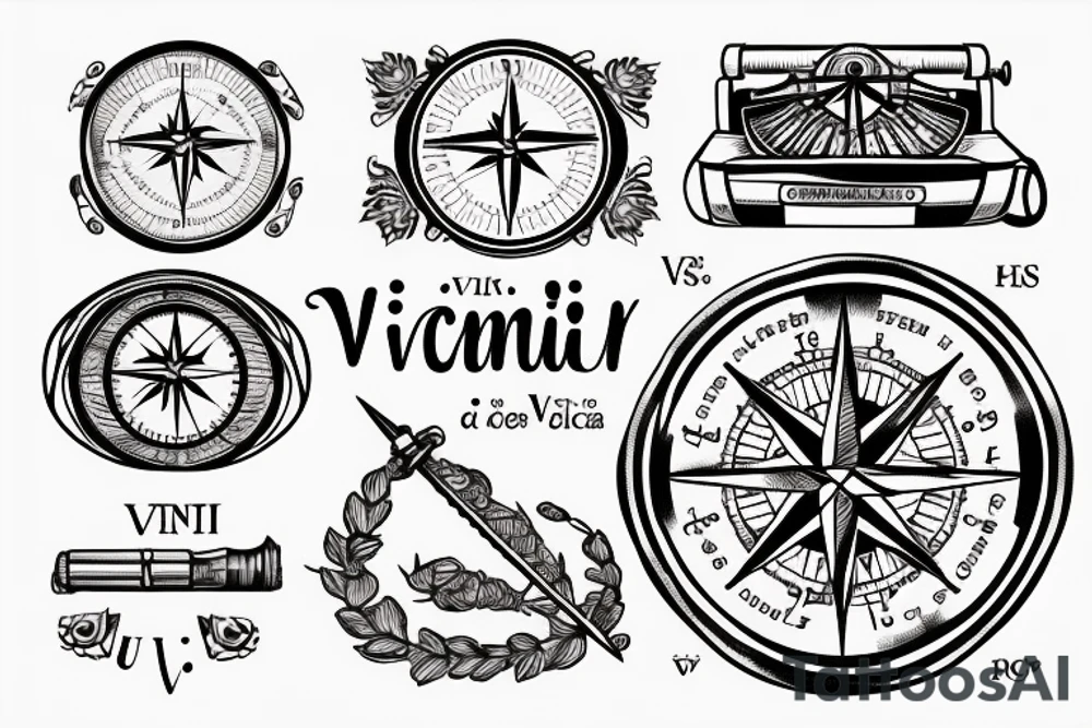 In typewriter font, quote "veni, vidi, vici" with compass symbols tattoo idea