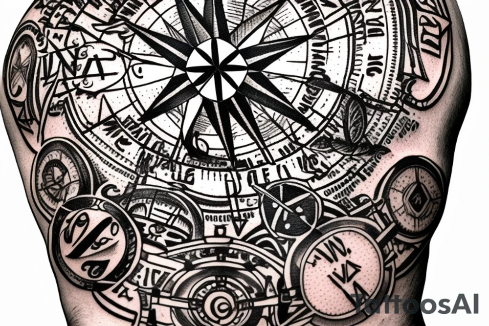 In typewriter font, quote "veni, vidi, vici" with compass symbols tattoo idea