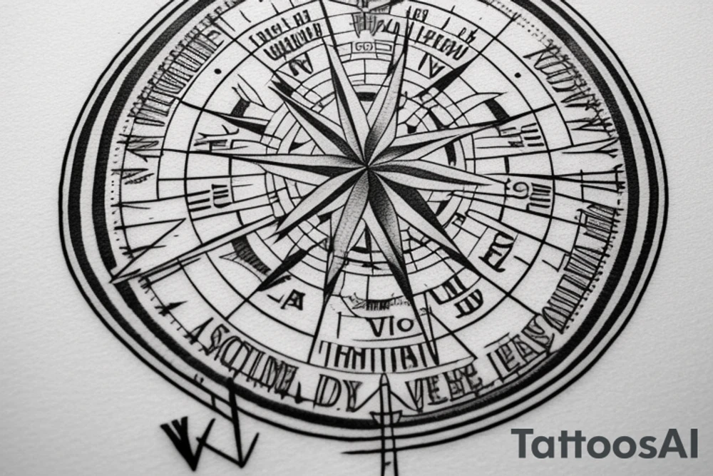 In typewriter font, quote "veni, vidi, vici" with compass symbols tattoo idea
