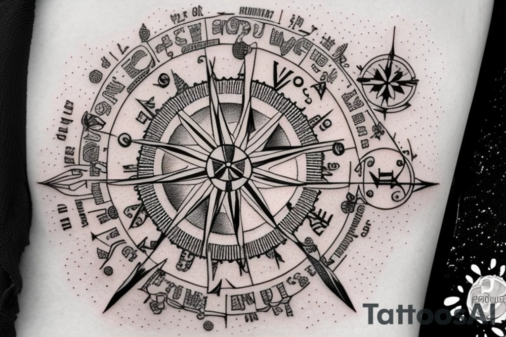 In typewriter font, quote "veni, vidi, vici" with compass symbols tattoo idea