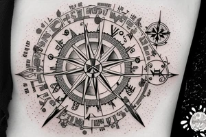 In typewriter font, quote "veni, vidi, vici" with compass symbols tattoo idea