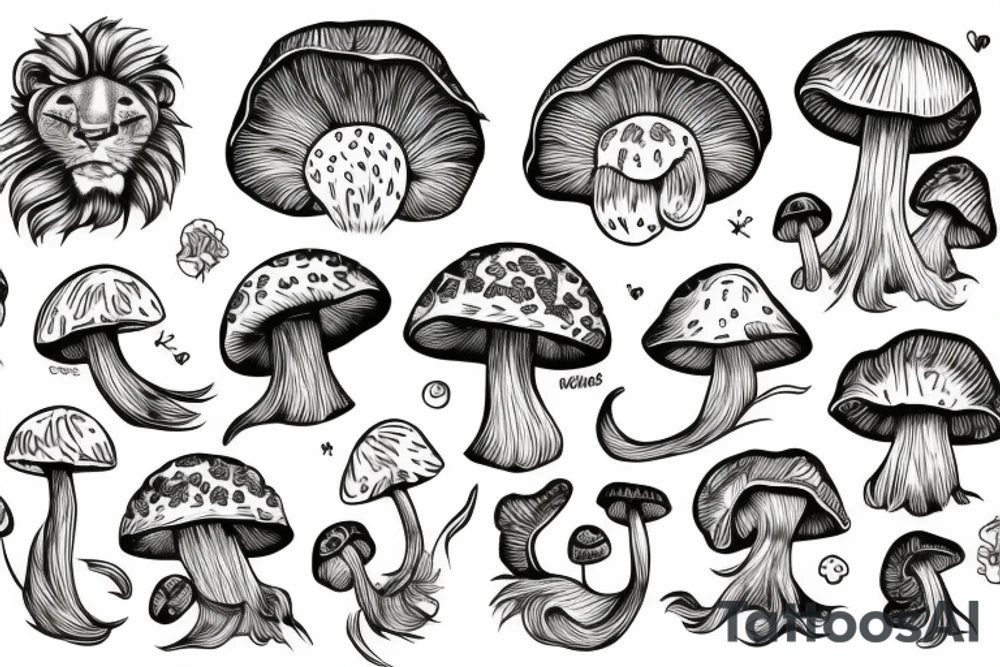 Mushroom, lion, cloud tattoo idea