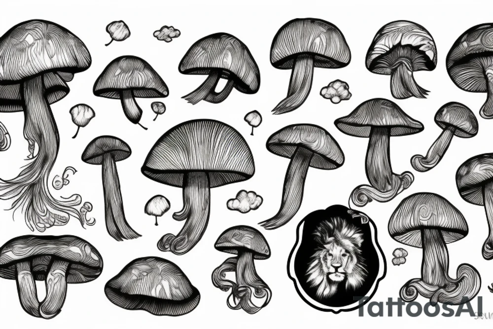 Mushroom, lion, cloud tattoo idea
