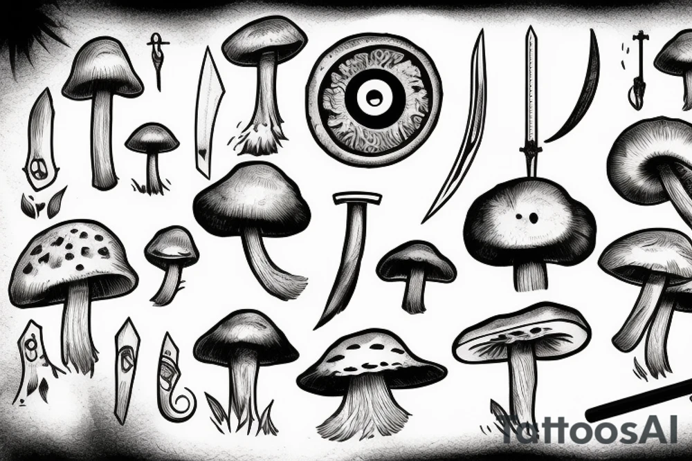 Eye, sword, mushroom tattoo idea