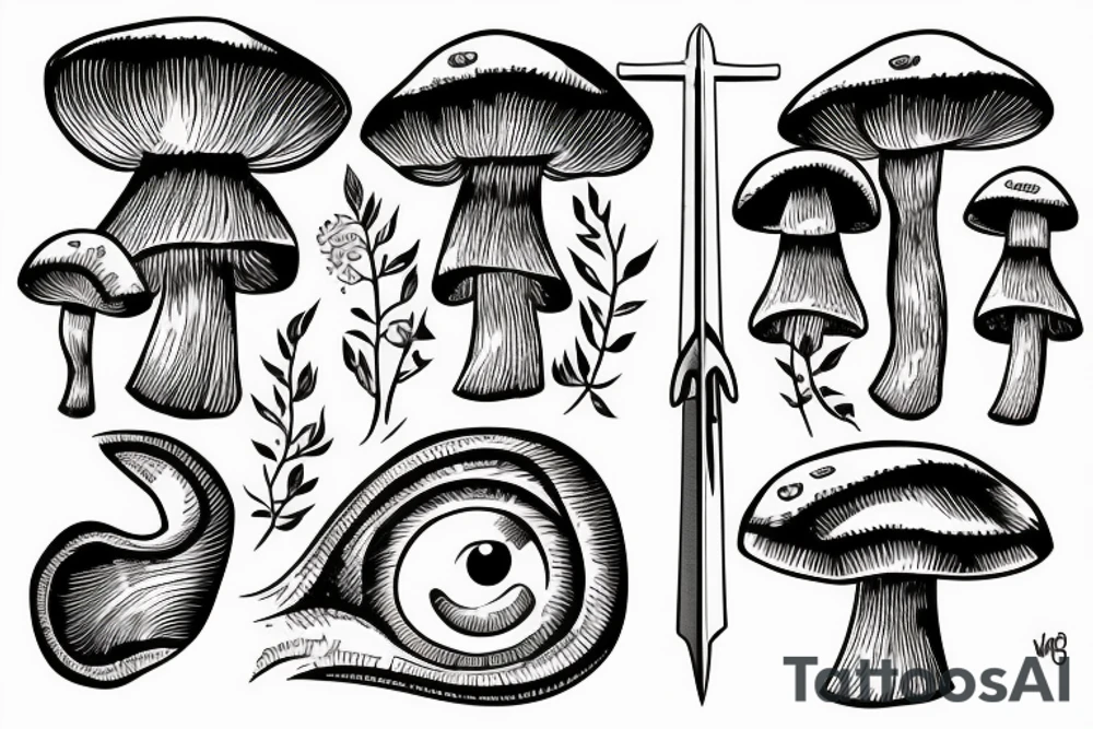 Eye, sword, mushroom tattoo idea