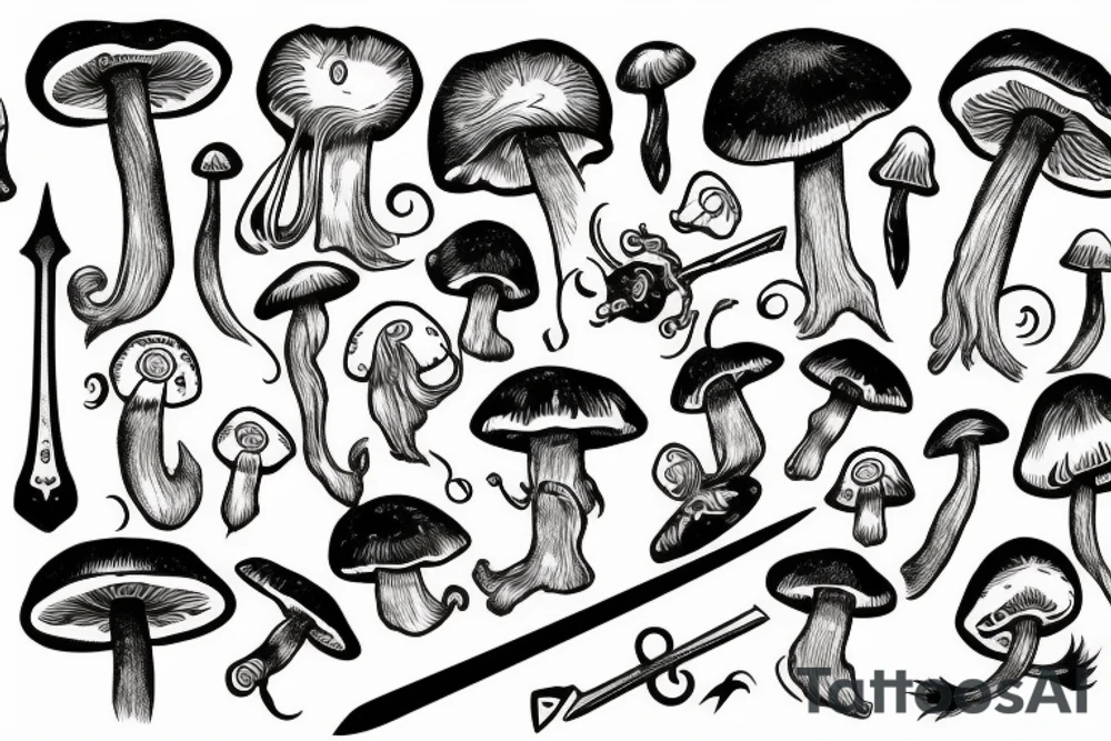 Eye, sword, mushroom tattoo idea