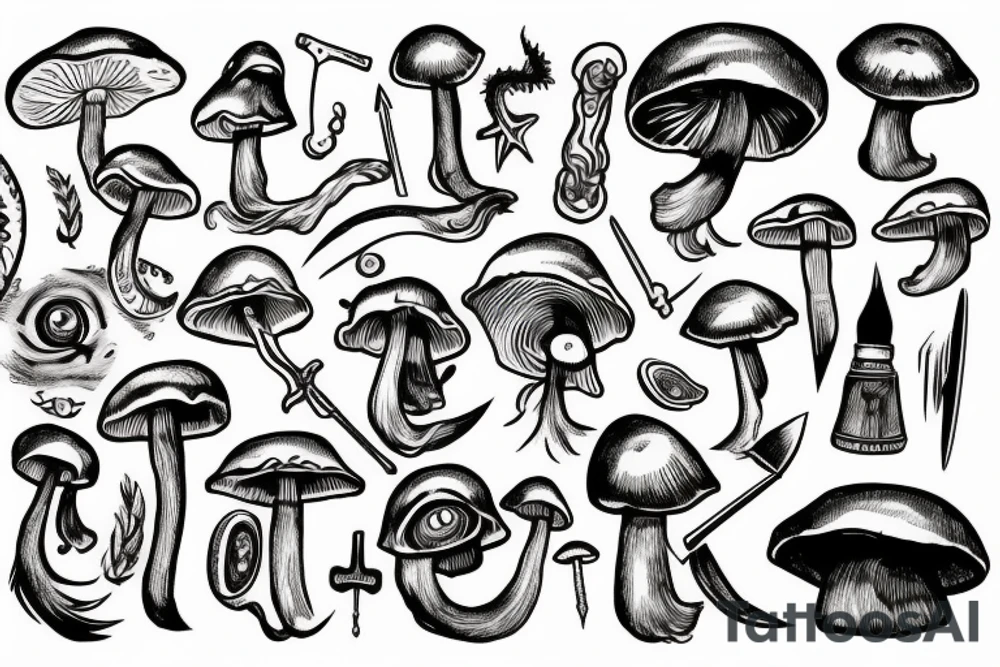 Eye, sword, mushroom tattoo idea