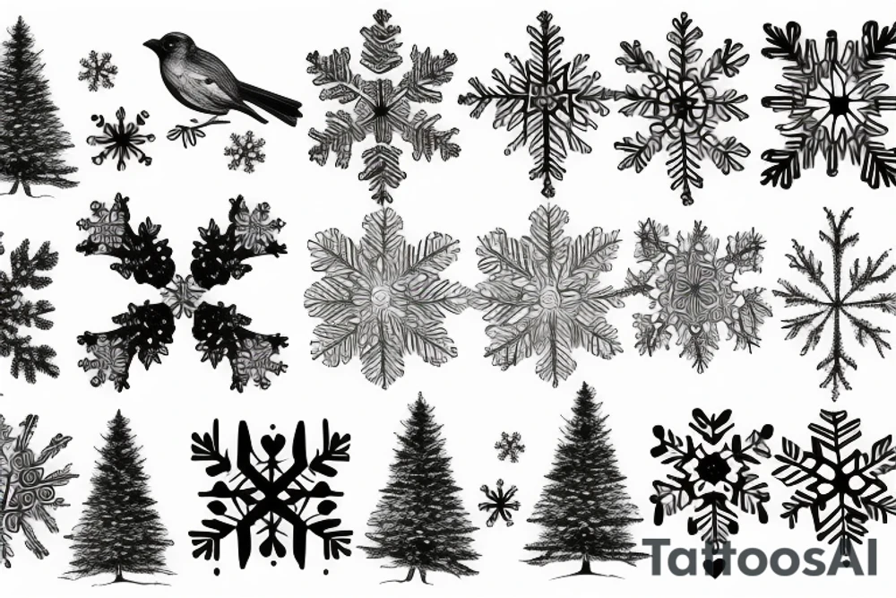 Love with snowflakes, birds, trees, and rivers tattoo idea Love with snowflakes, birds, trees, and rivers tattoo idea
