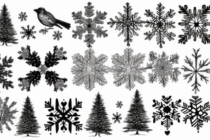 Love with snowflakes, birds, trees, and rivers tattoo idea