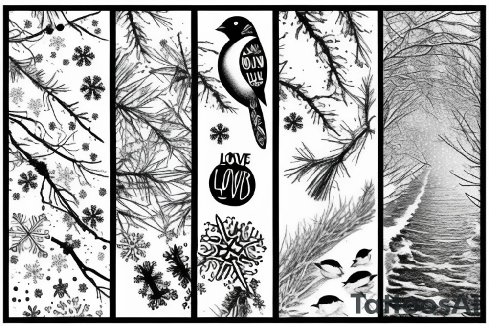 Love with snowflakes, birds, trees, and rivers tattoo idea Love with snowflakes, birds, trees, and rivers tattoo idea
