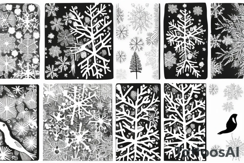 Love with snowflakes, birds, trees, and rivers tattoo idea