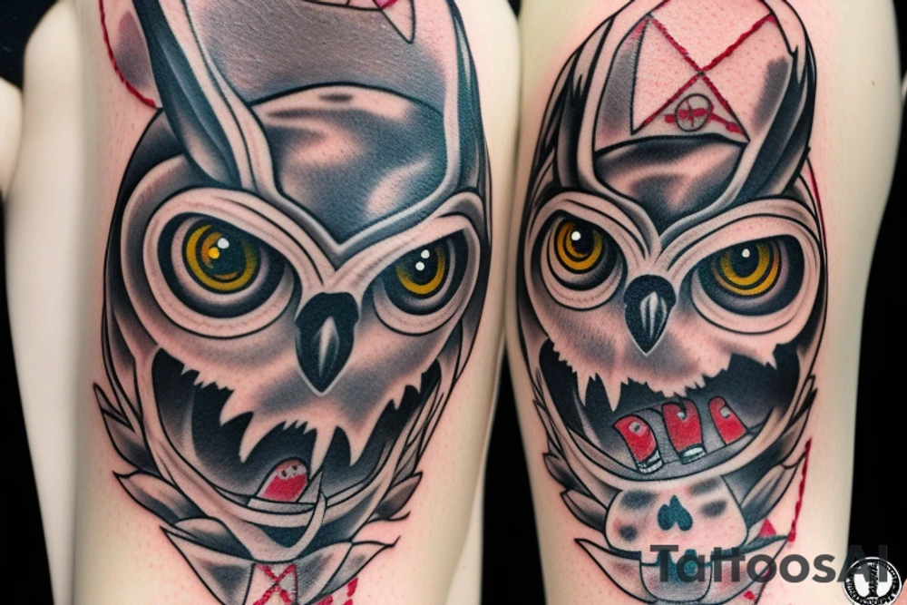 Full owl with some blood around and one skull near tattoo idea