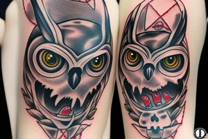 Full owl with some blood around and one skull near tattoo idea