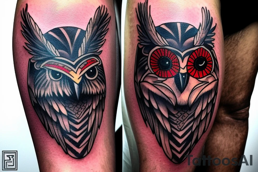 Full owl with some blood around and one skull near tattoo idea