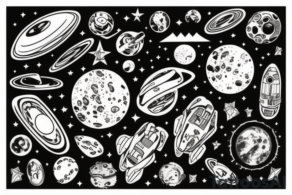 Spaceship in an asteroid belt tattoo idea