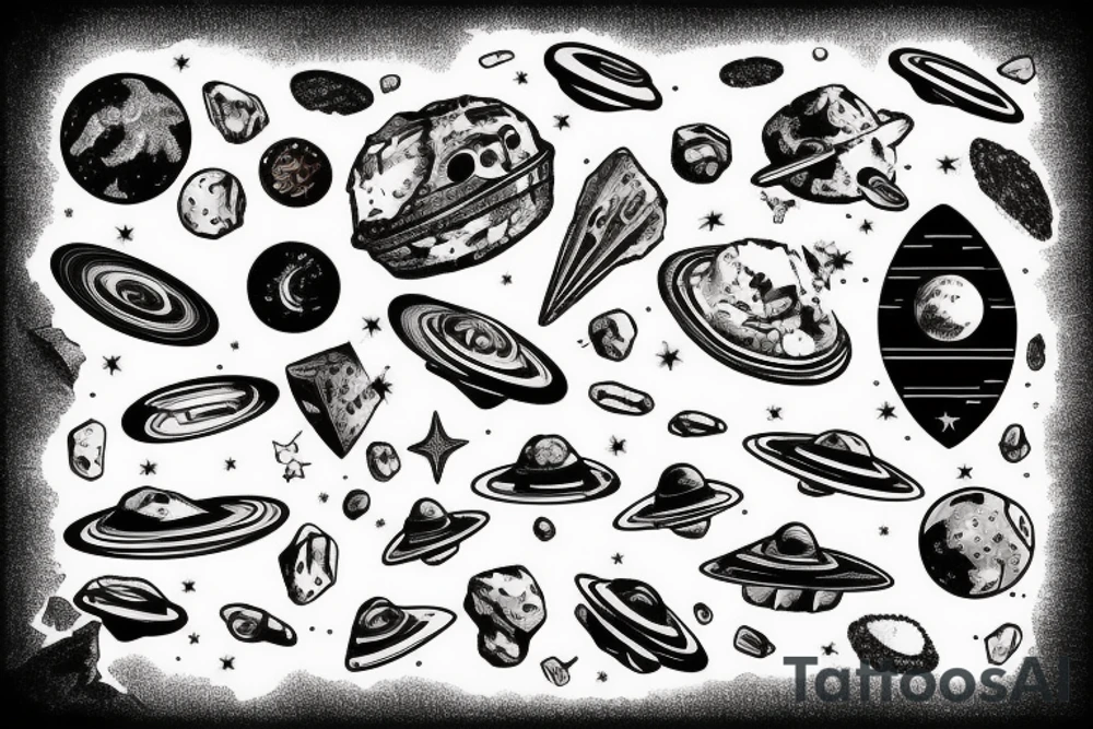 Spaceship in an asteroid belt tattoo idea