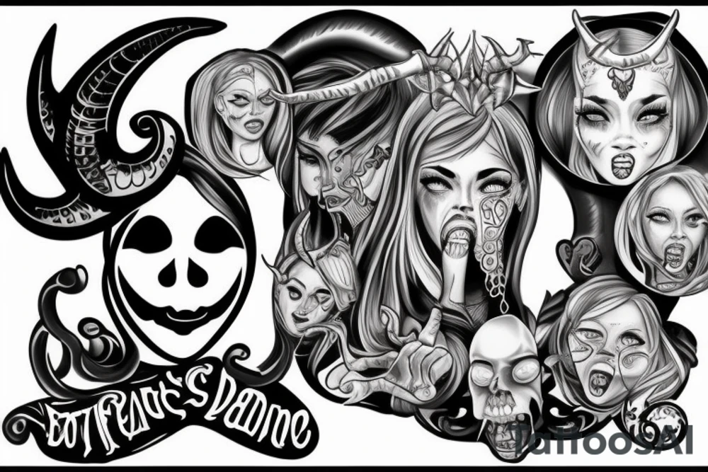 The girl's face. she sticks her tongue out. in front of the face hand Sign of the horns tattoo idea