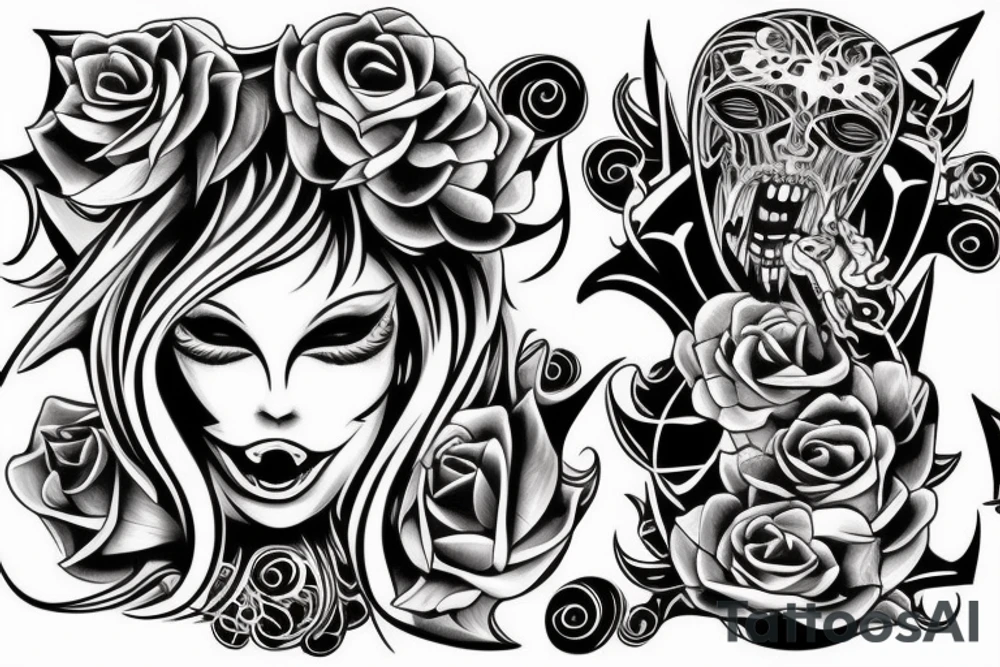 The girl's face. she sticks her tongue out. in front of the face hand Sign of the horns tattoo idea